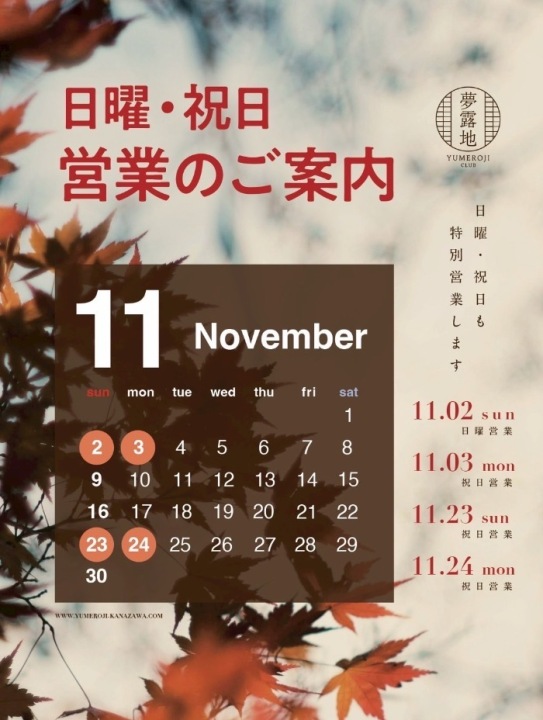 11月は日・祝特別営業‼️
